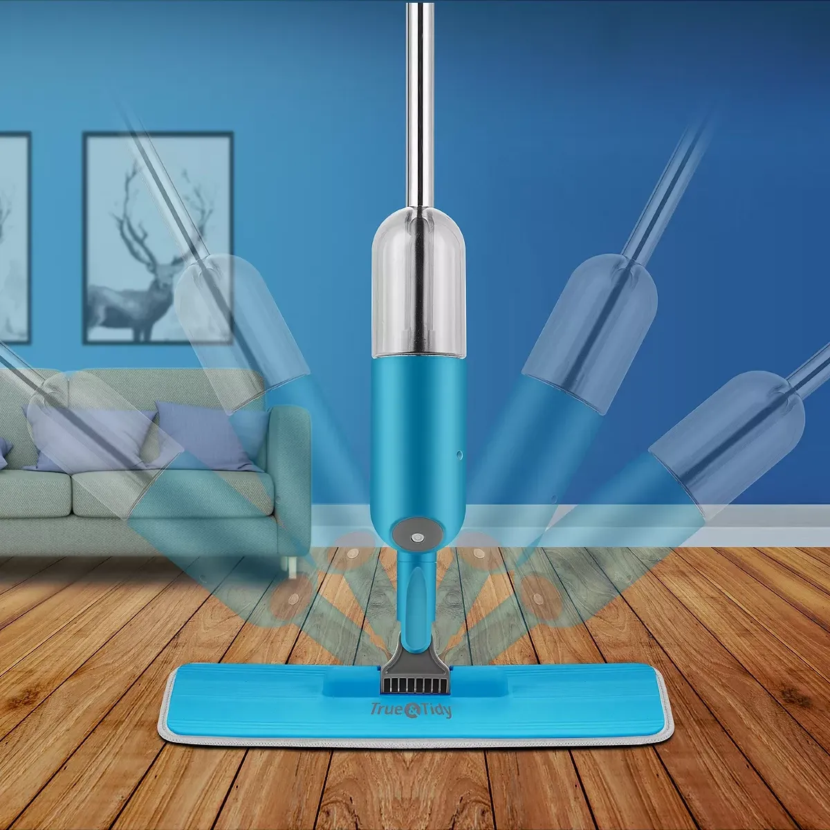 A blue and silver steam mop with a microfiber pad on a wooden floor, portrayed with motion to indicate its use.