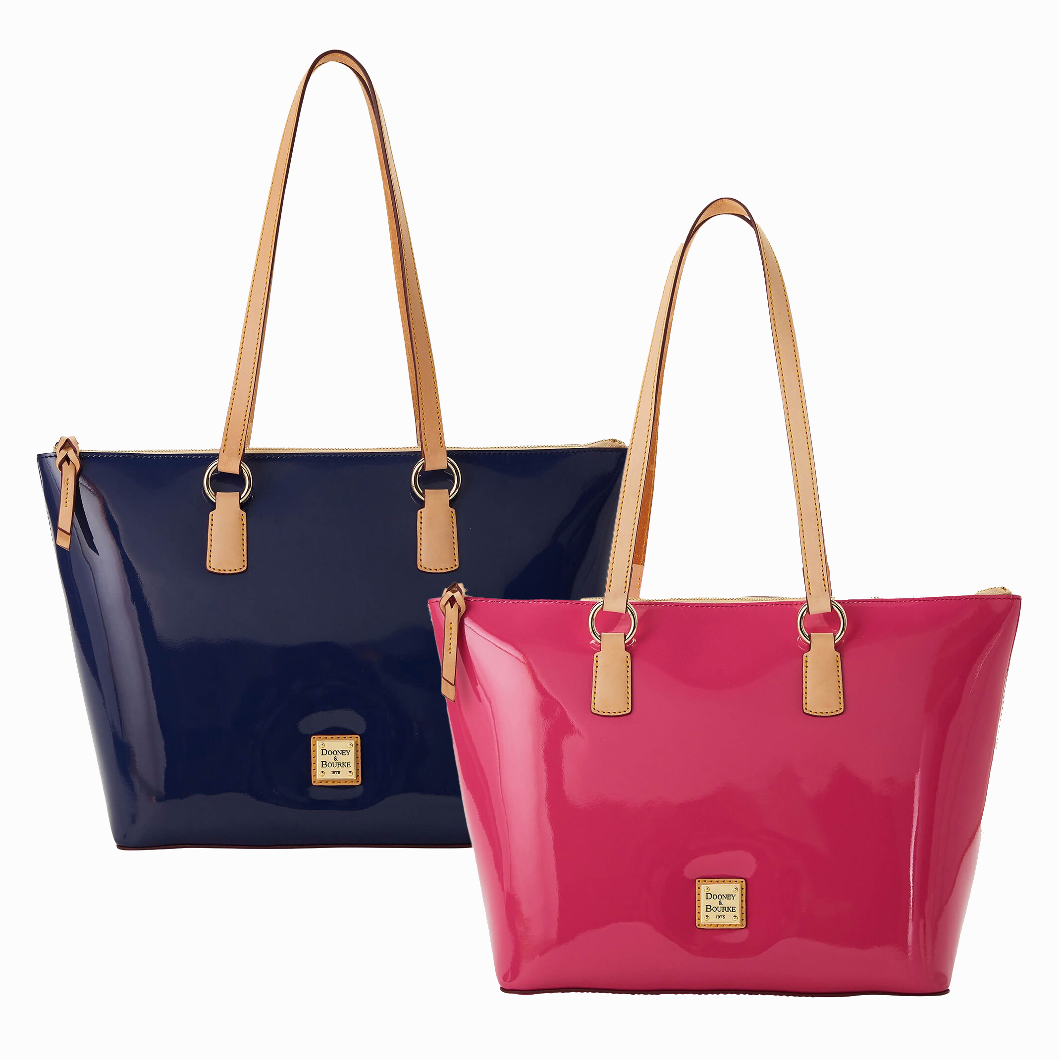 Two glossy tote bags, one navy blue and one pink, with tan handles and gold-tone accents.