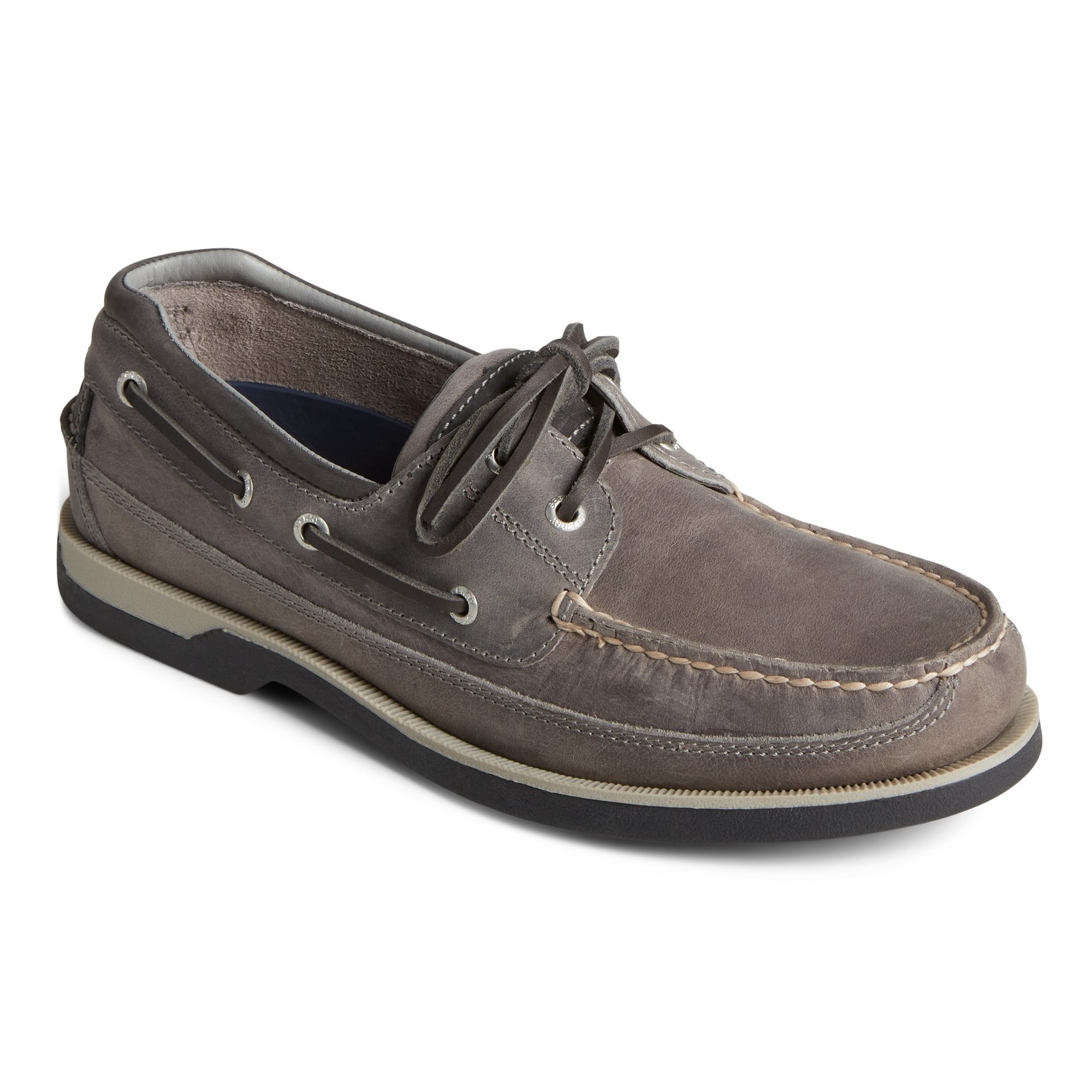 Men's leather moccasin-style boat shoe in gray with lace-up front, visible stitching, metal eyelets, and a non-slip rubber sole.