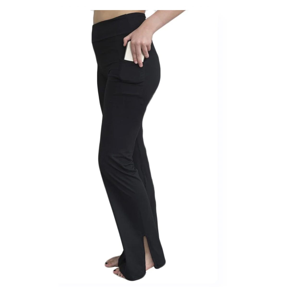 Black yoga pants with side pockets.