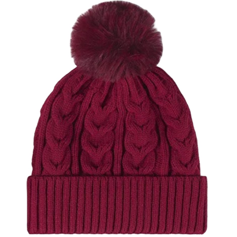 A maroon knitted beanie with a ribbed cuff and a fluffy pom-pom on top.