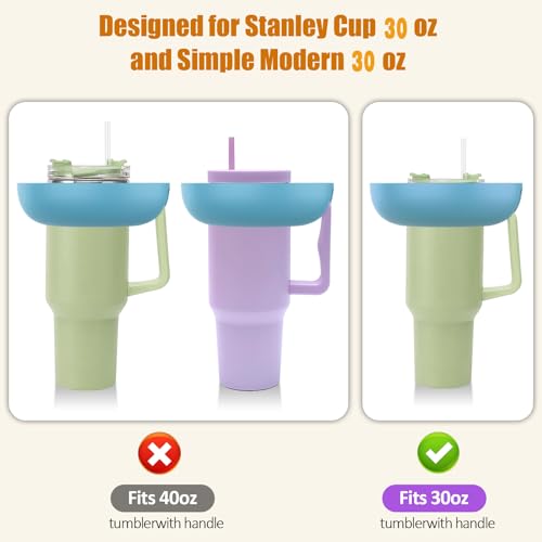 A snack bowl attachment designed for 30 oz Stanley and Simple Modern tumblers, shown on green and purple cups, not fitting a 40 oz tumbler with a handle.