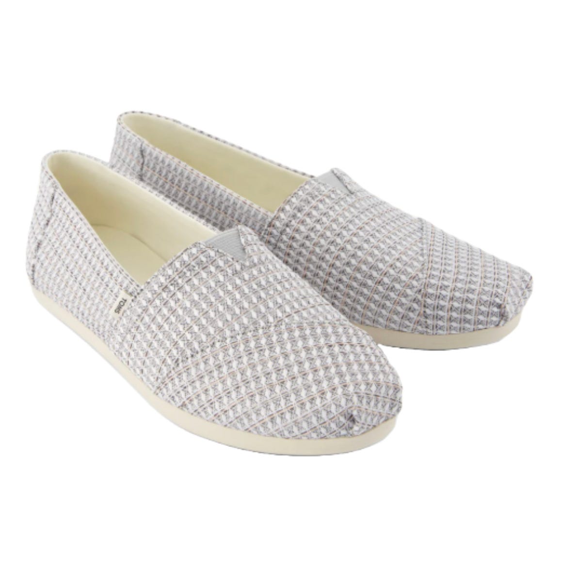 Gray slip-on shoes with a textured geometric pattern and white soles.