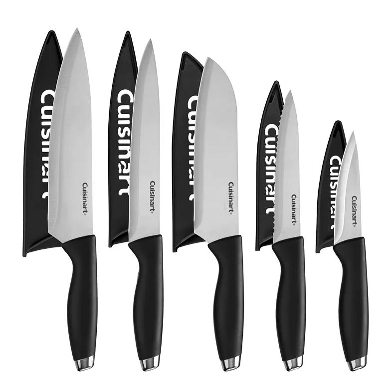 Six kitchen knives with black handles, each featuring a matching black sheath with \“Cuisinart\“ printed on it.