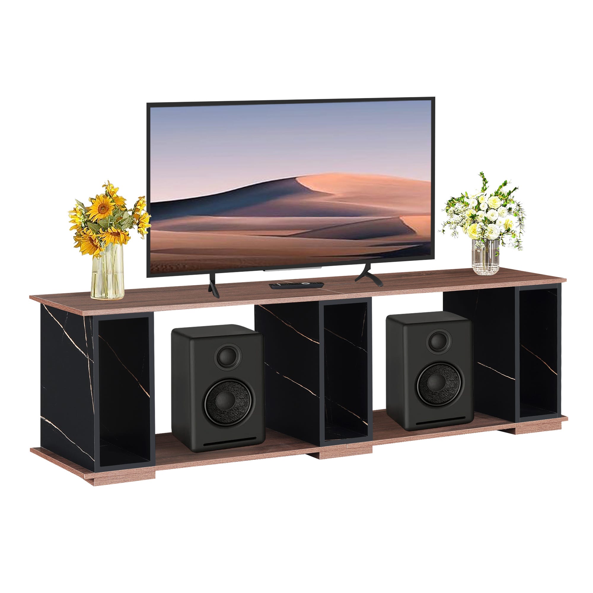 The cabinet is a contemporary, two-tone design with a wooden finish on top and black panels with golden streaks. It features an open shelf layout with six compartments.