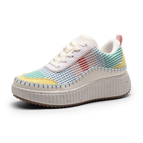 Colorful platform sneaker with a breathable mesh upper and ribbed sole.