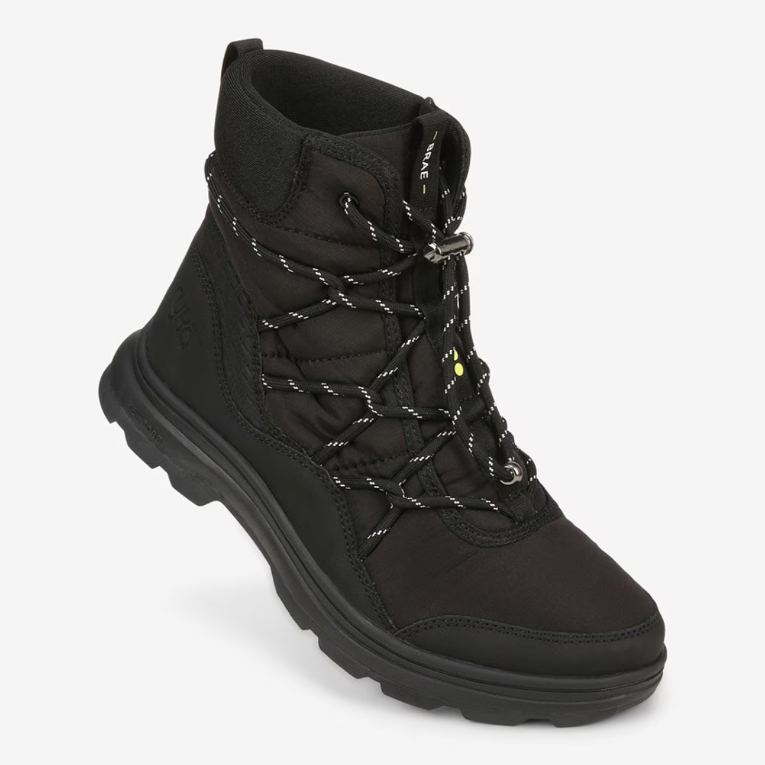 A black hiking boot with a high-top design and sturdy laces.
