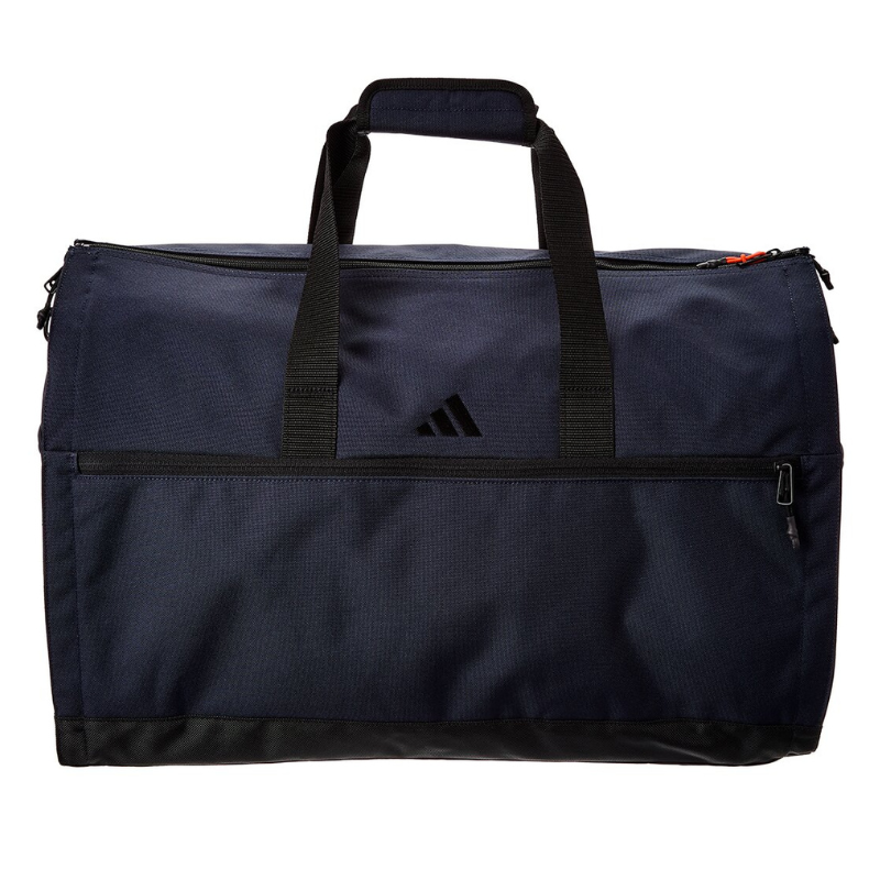 Adidas Golf Garment Duffel Bag in navy with black accents, featuring dual grab handles, a top zipper closure, and front zippered pocket. A subtle Adidas logo is on the front.