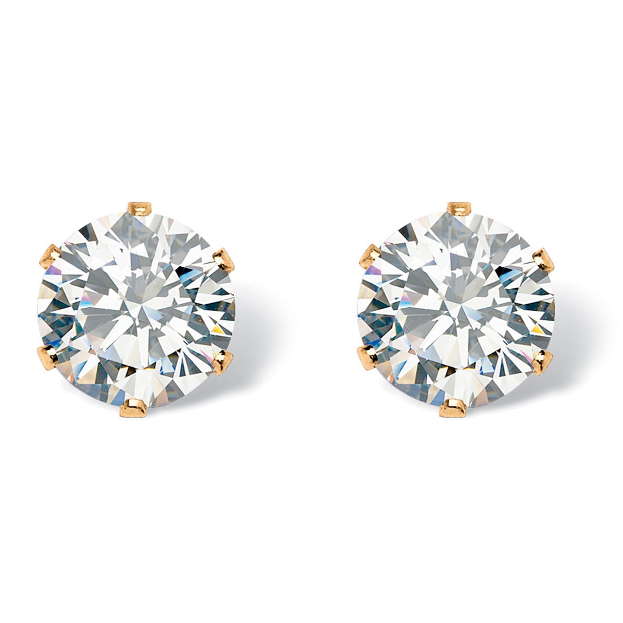 Round-cut CZ stud earrings with gold-tone prong settings.