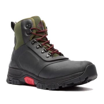 Muck Men's Apex Lace-Up Ankle Boots are rugged boots featuring a black and olive design with red accents, sturdy rubber soles, and durable metal eyelets for lace-up fastening, suitable for outdoor activities in various weather conditions.