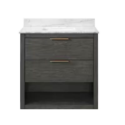 A dark gray vanity cabinet with two drawers and bronze handles, topped with a white marble countertop and integrated sink.