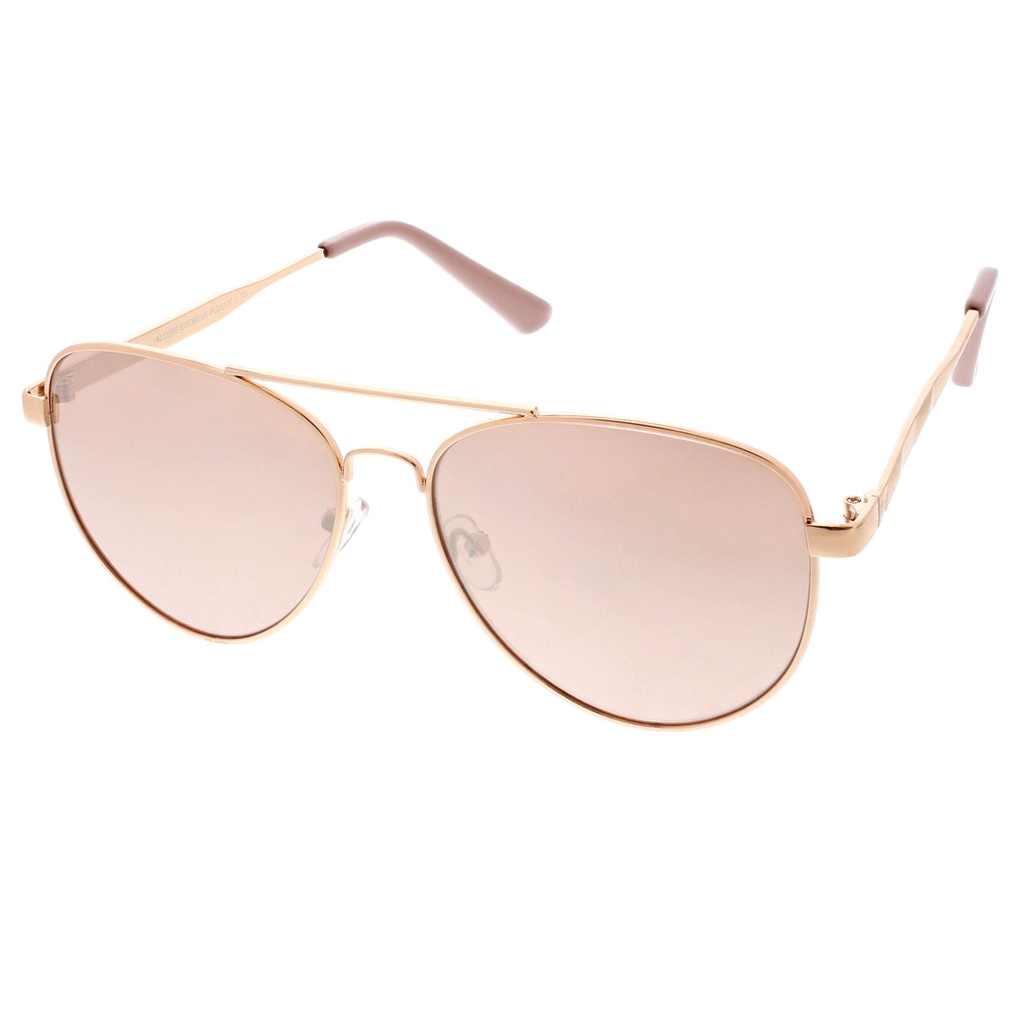Gold-framed aviator sunglasses with pale pink lenses, featuring a double bridge and adjustable nose pads. The temples have a subtle curve with light pink tips.