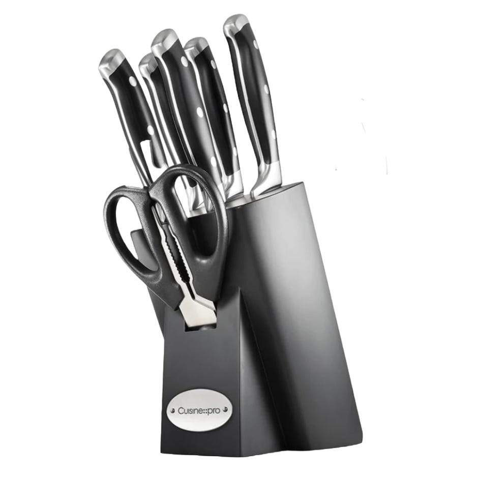 A knife block set featuring five stainless steel kitchen knives with black handles and an integrated pair of kitchen scissors.