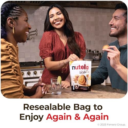 Three people are enjoying Nutella Biscuits from a resealable bag advertised for repeated enjoyment.