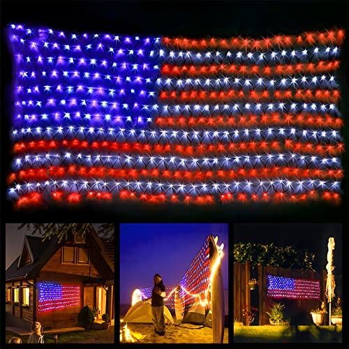 A large LED light display in the pattern of the American flag, with blue and white stars and alternating red and white stripes, showcased in a night setting.