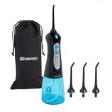 A Mospro portable water flosser with a black and blue design, accompanied by three replacement tips and a black storage pouch.