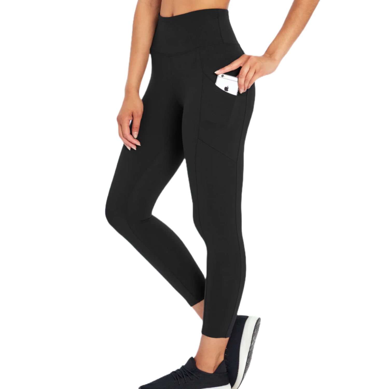 Black high-waisted leggings with tummy control and side pockets, suitable for holding a smartphone.