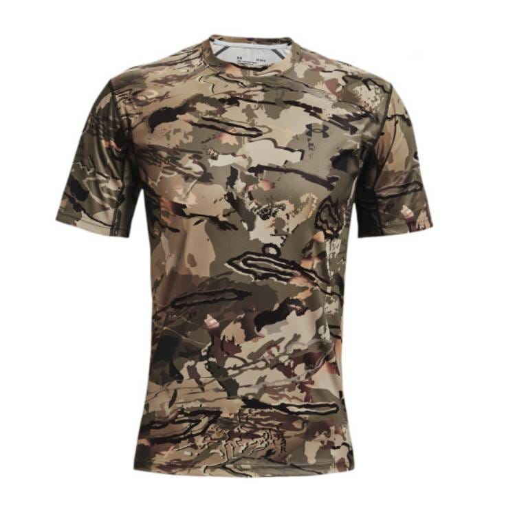 A short-sleeved camouflage t-shirt with a round neckline.
