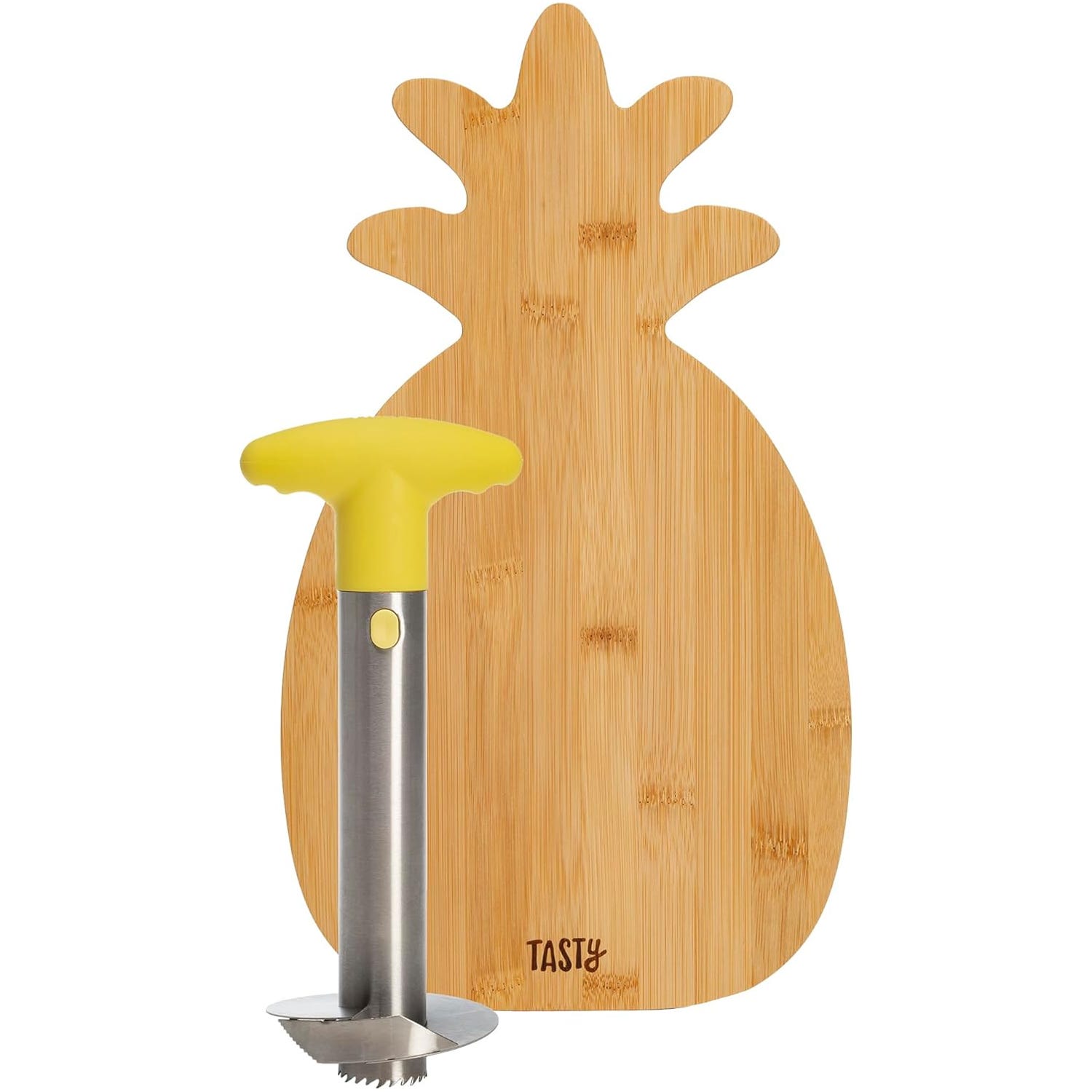 Pineapple-shaped bamboo cutting board with a stainless steel and yellow pineapple corer.