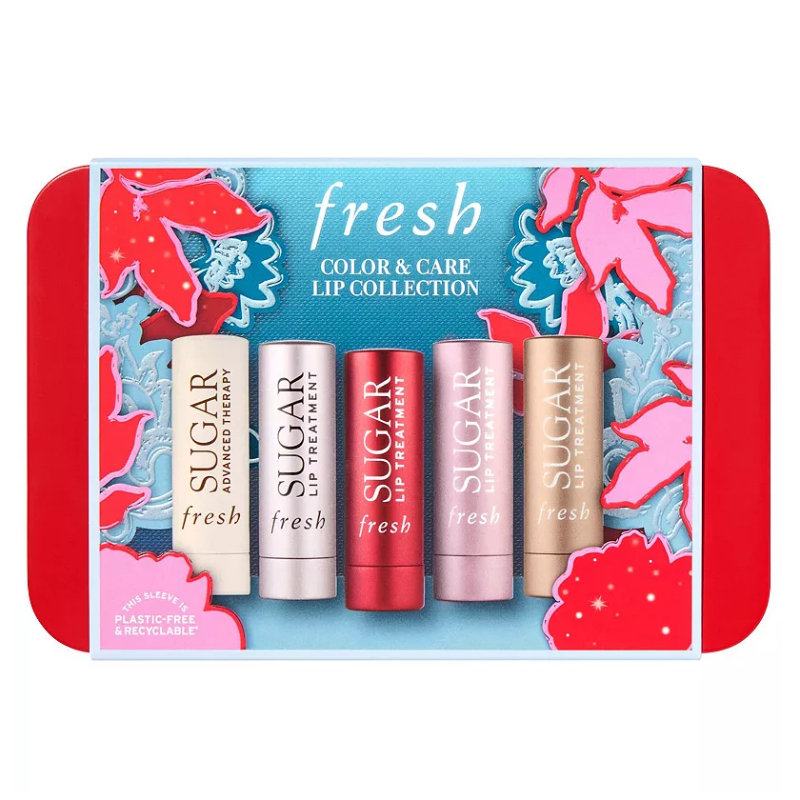 Fresh Color & Care Lip Collection includes five lip treatments in various shades. The packaging features a colorful design with floral accents and emphasizes being plastic-free and recyclable.
