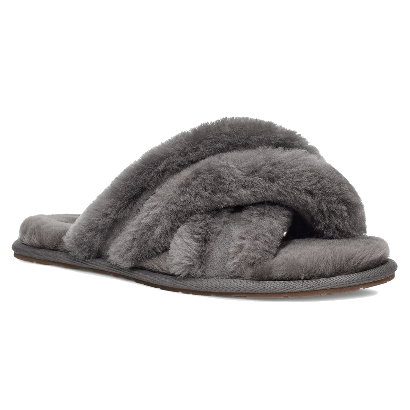 Gray fuzzy slipper with crossed straps and a flat sole.