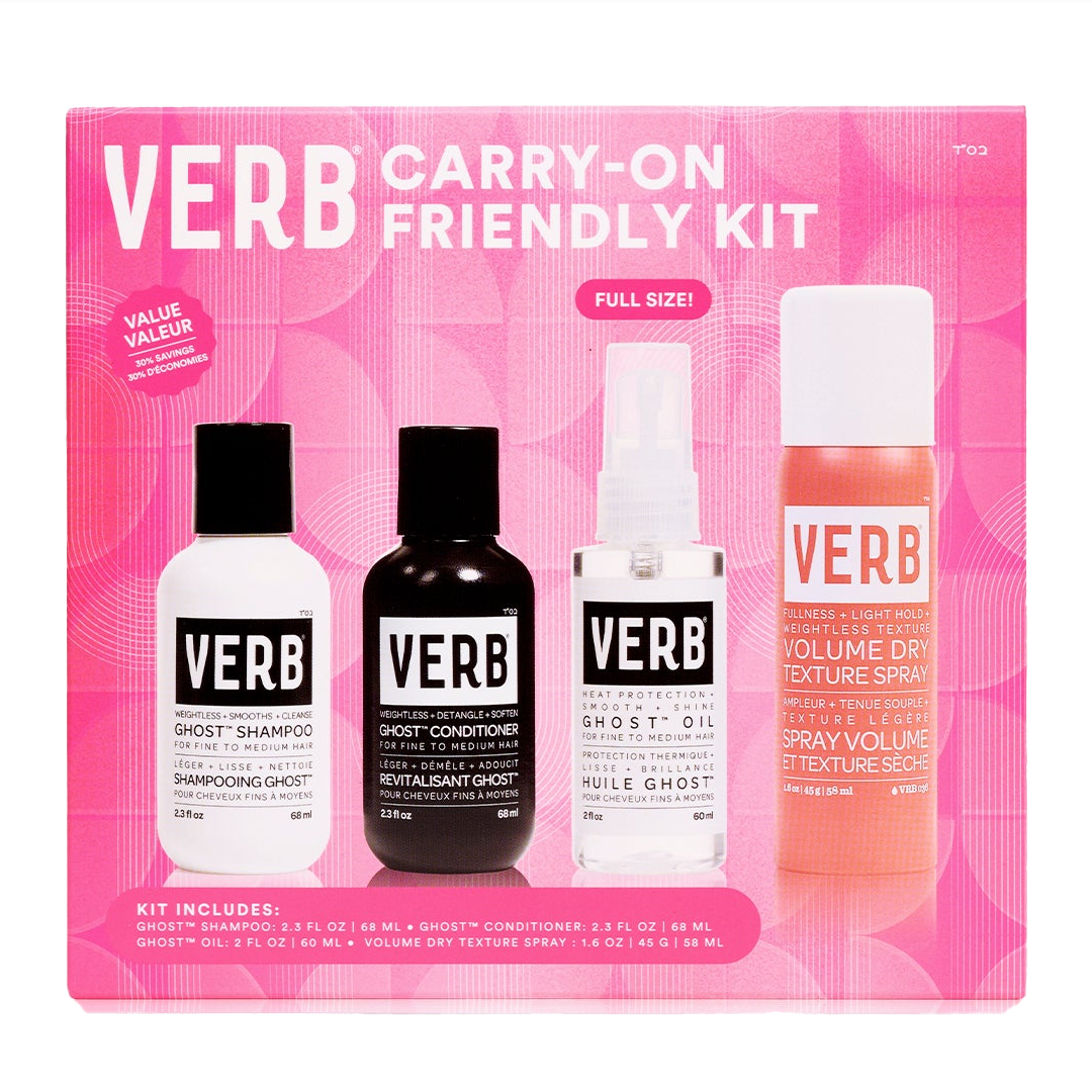 Verb Carry-On Friendly Kit includes Ghost Shampoo (68ml), Ghost Conditioner (68ml), Ghost Oil (60ml), and Volume Dry Texture Spray (45g). Ideal for fine to medium hair, offering weightless care, heat protection, and volume with a light hold.