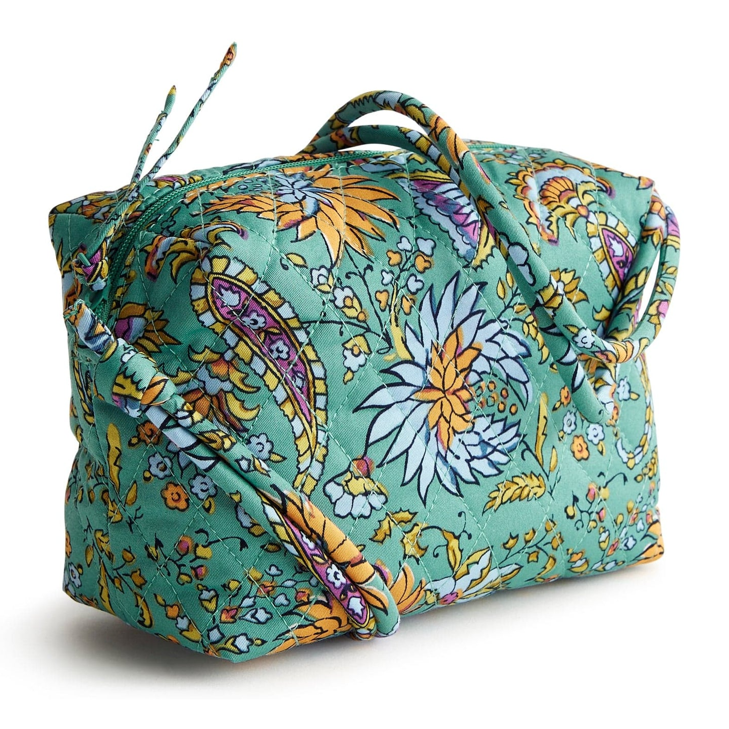 Vera Bradley bag with a vibrant floral and paisley pattern in green, yellow, purple, and blue, featuring a quilted fabric design and sturdy, wrapped handles.