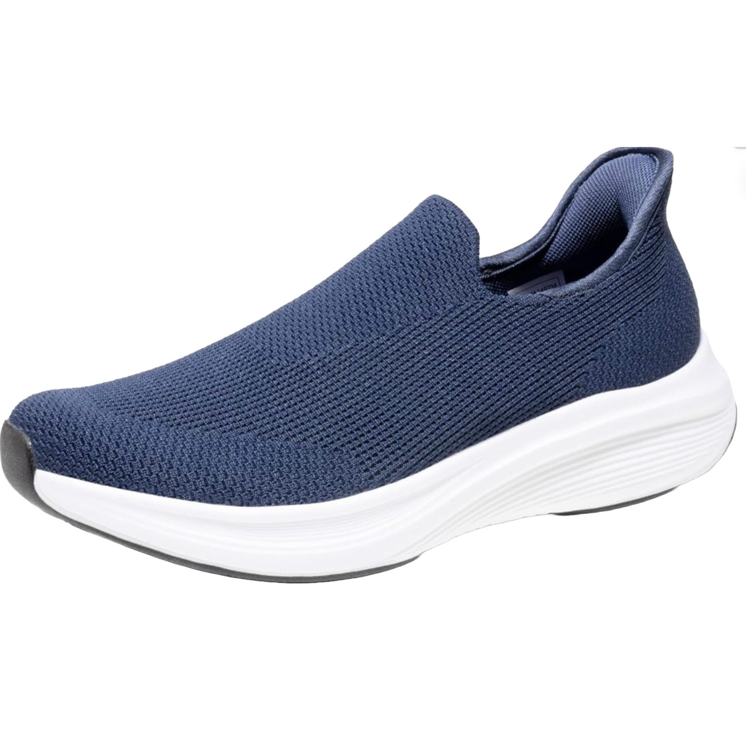 Blue slip-on sneaker with a knitted upper and white cushioned sole, designed for comfort and easy wear.