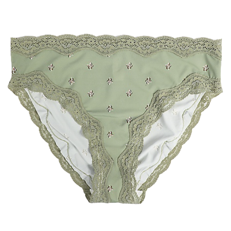 A green floral bikini panty with lace trim, featuring small embroidered flowers and a soft, stretchy fabric.