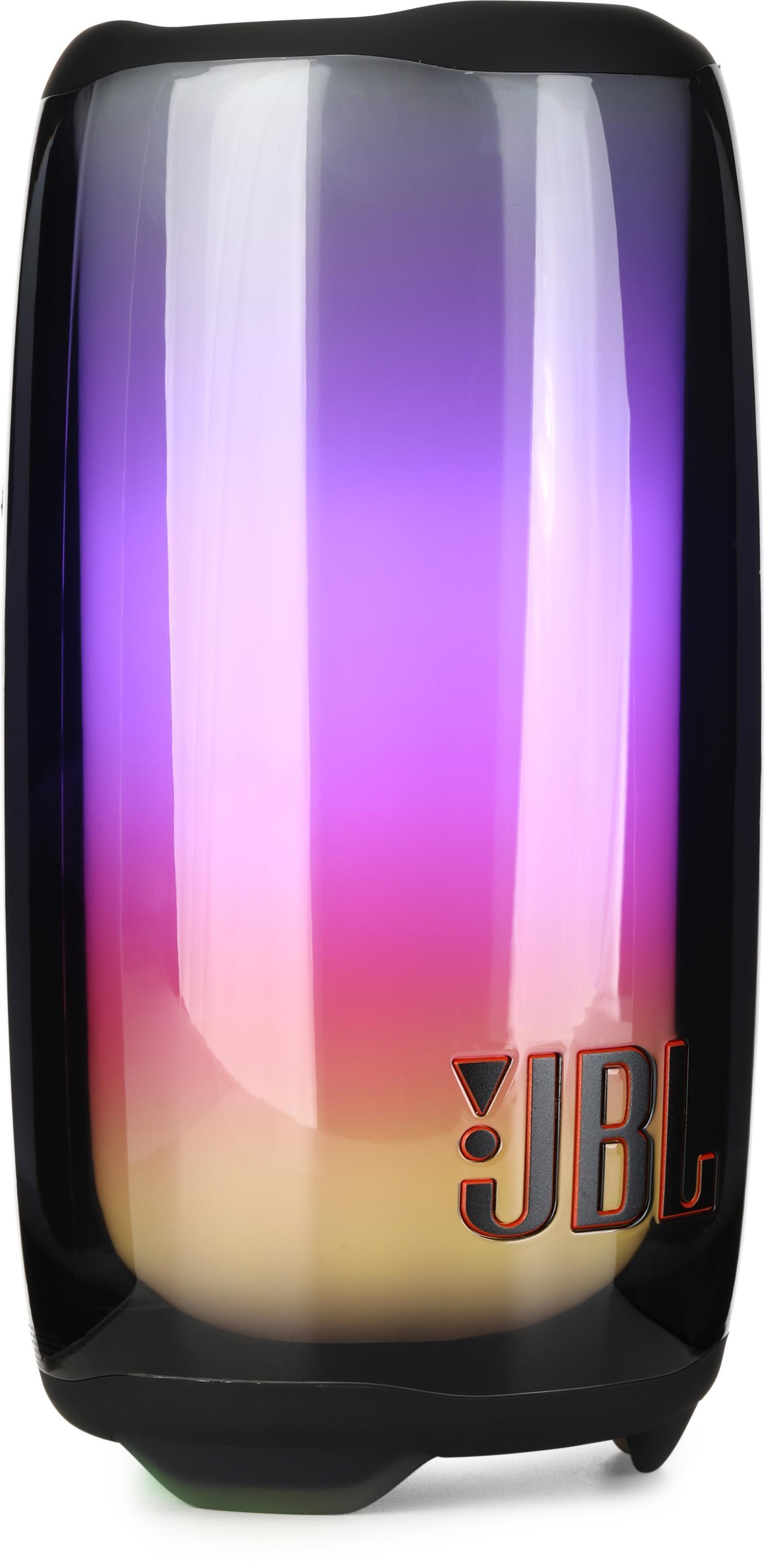 A JBL Pulse 5 Bluetooth Speaker with a vertical, tapered design featuring a black body and an illuminated gradient front that transitions from white to purple to yellow.