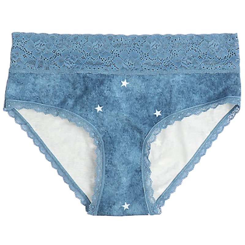 Blue hipster panty with a floral lace waistband and star print design, featuring lace trim along the edges for added detail.