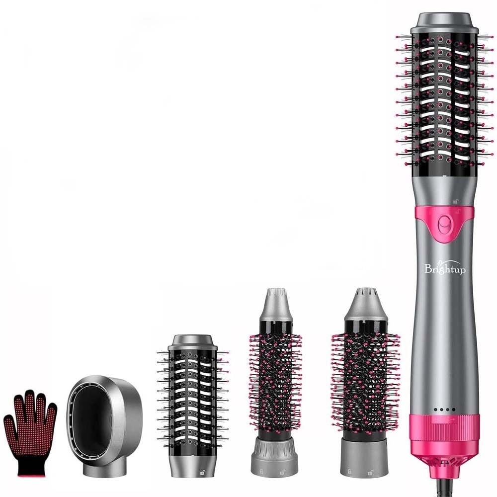 A multifunctional hair styling tool with a main handle, four interchangeable brush and dryer attachments, and a protective glove for easy styling and drying versatility.