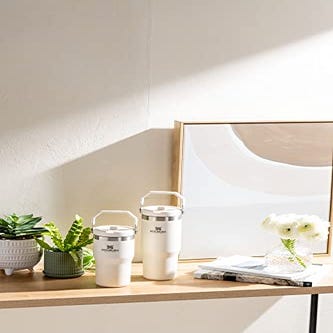Three white Stanley tumblers are displayed on a shelf next to decorative plants and a framed picture; each tumbler has a lid and the brand's logo on the body.