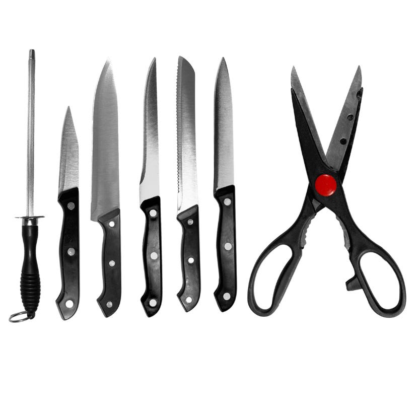 A set of kitchen tools including a sharpening rod, four knives with black handles, a serrated knife, and a pair of kitchen scissors.