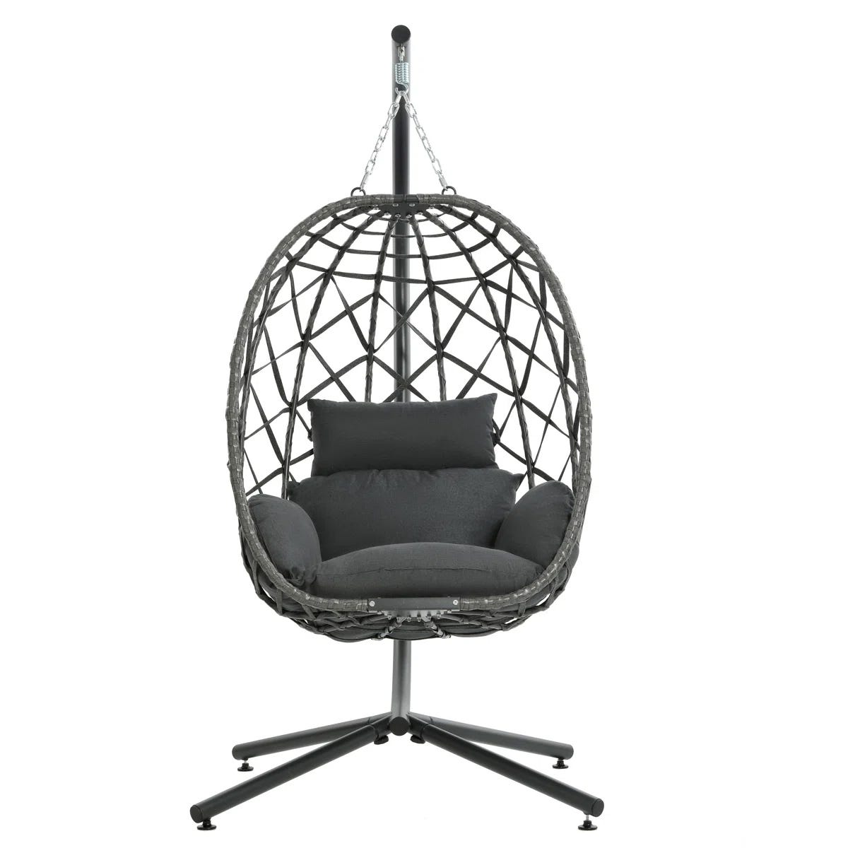 Hanging egg chair with a black metal stand and woven rattan design, featuring plush black cushions for added comfort.