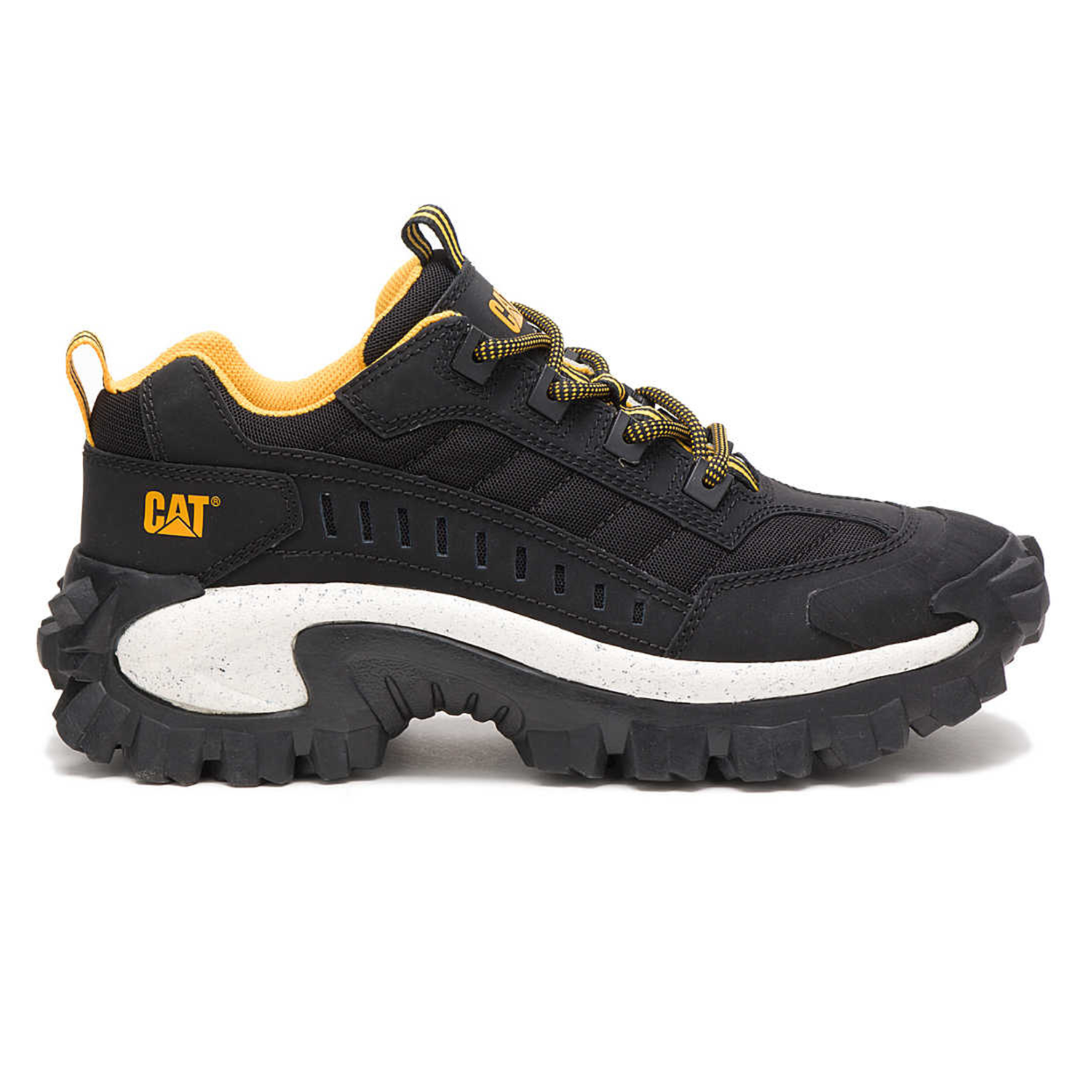 Cat Footwear Intruder Shoes feature a black and yellow color scheme with chunky soles for outdoor durability. The design includes rugged treading, a reinforced toe, and contrasting logo details.
