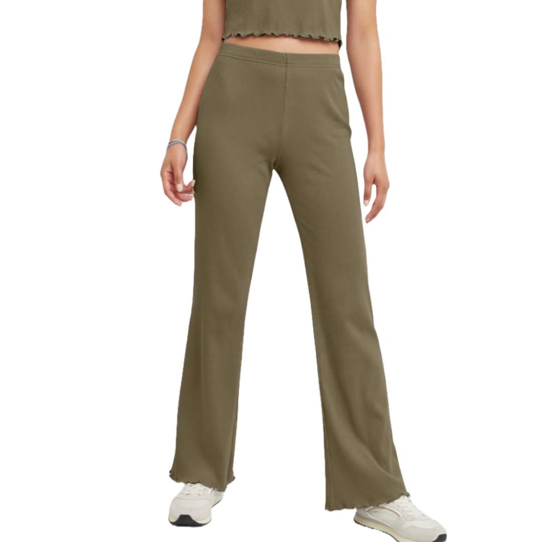 Olive green flared pants with a ribbed texture and elastic waistband, featuring a wavy hem detail, paired with white sneakers and paired with a cropped top.