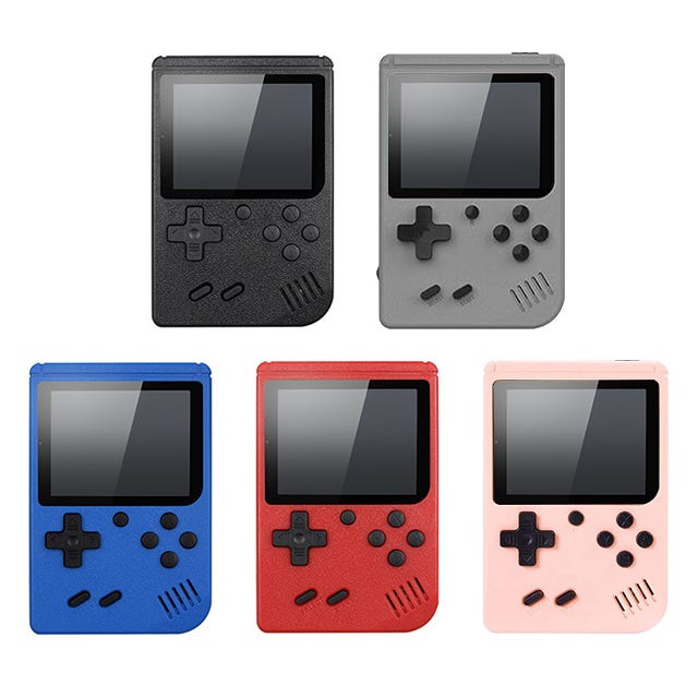Five portable game consoles in black, gray, blue, red, and pink colors.
