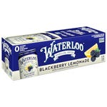 Waterloo Sparkling Water packaging with Blackberry Lemonade flavor, a 12-can case with a blue and white design and images of blackberries and lemons.