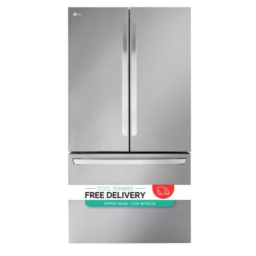 Stainless steel French door refrigerator with an offer for free delivery, valid from 7/24 to 8/13/25.