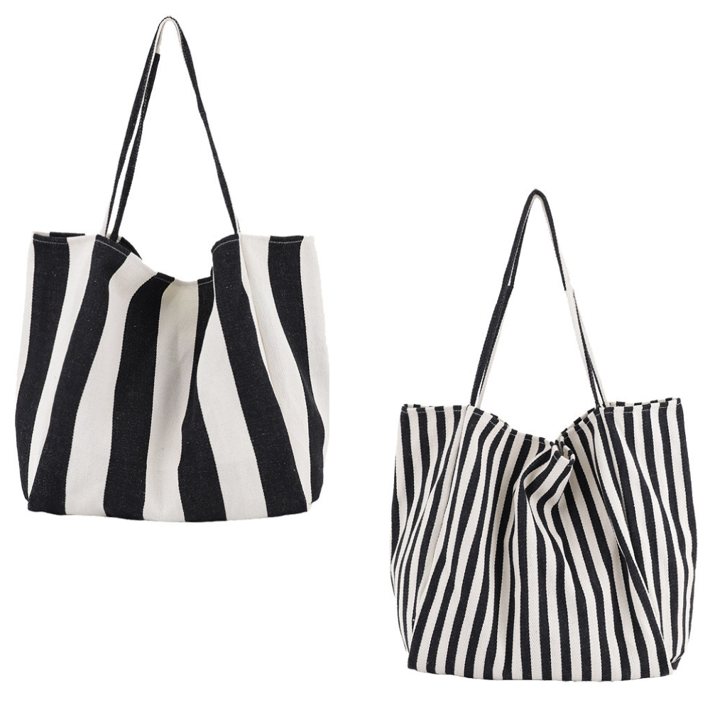 Two black and white striped canvas tote bags.