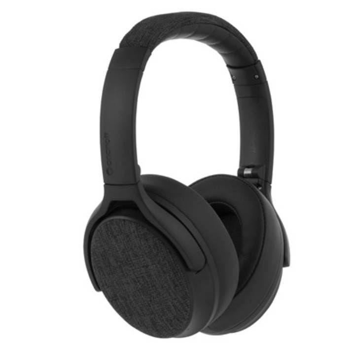 Over-ear black headphones featuring cushioned ear cups with a textured fabric exterior and an adjustable headband.