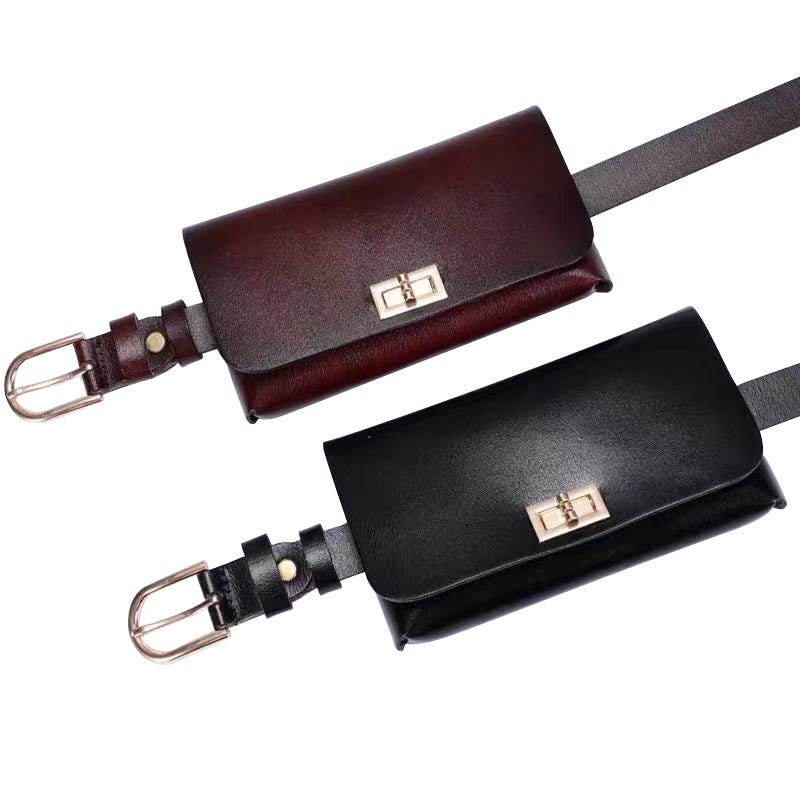 Two leather waist pouches, one black and one brown, with belt straps and gold-tone metal buckles.