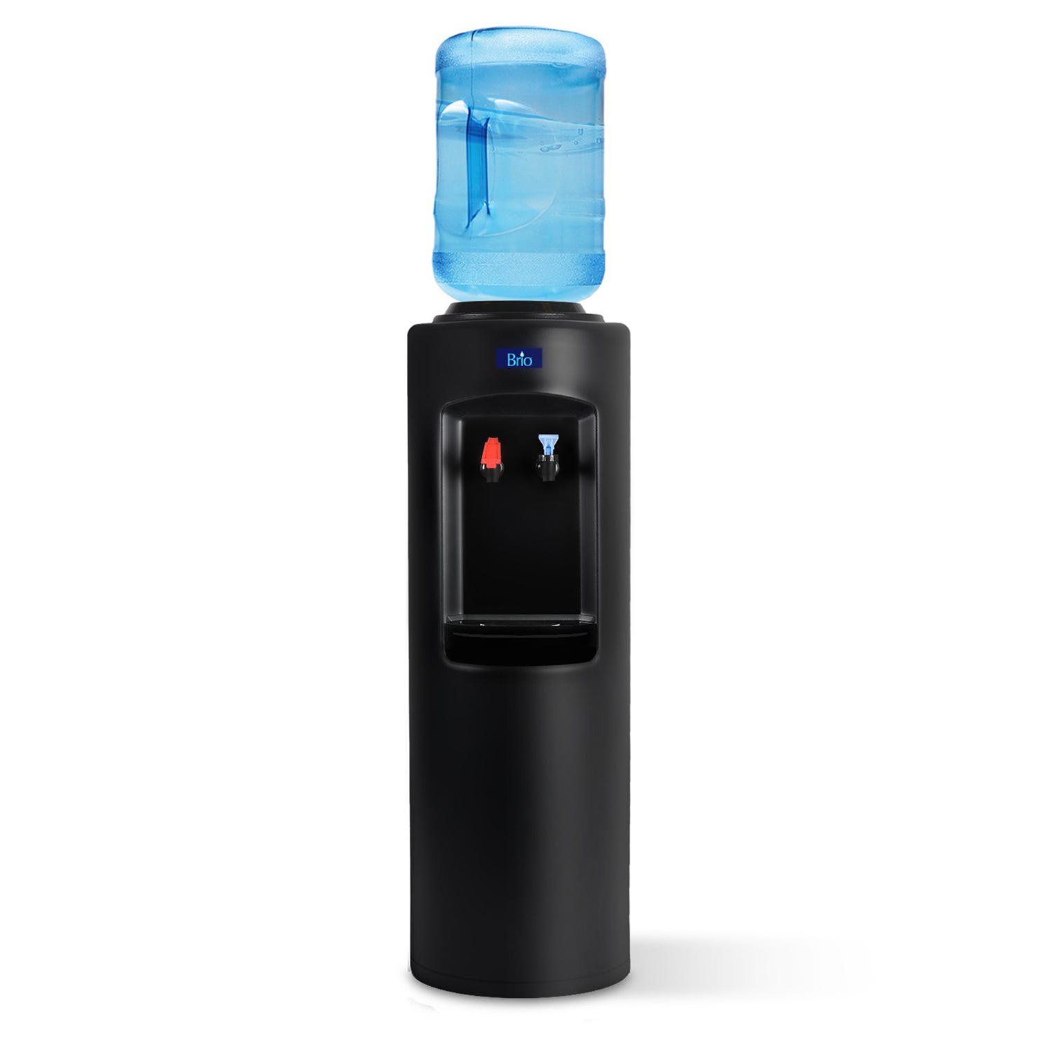 A black Brio water cooler with a blue water jug on top, featuring two spouts for dispensing hot (red tab) and cold (blue tab) water.