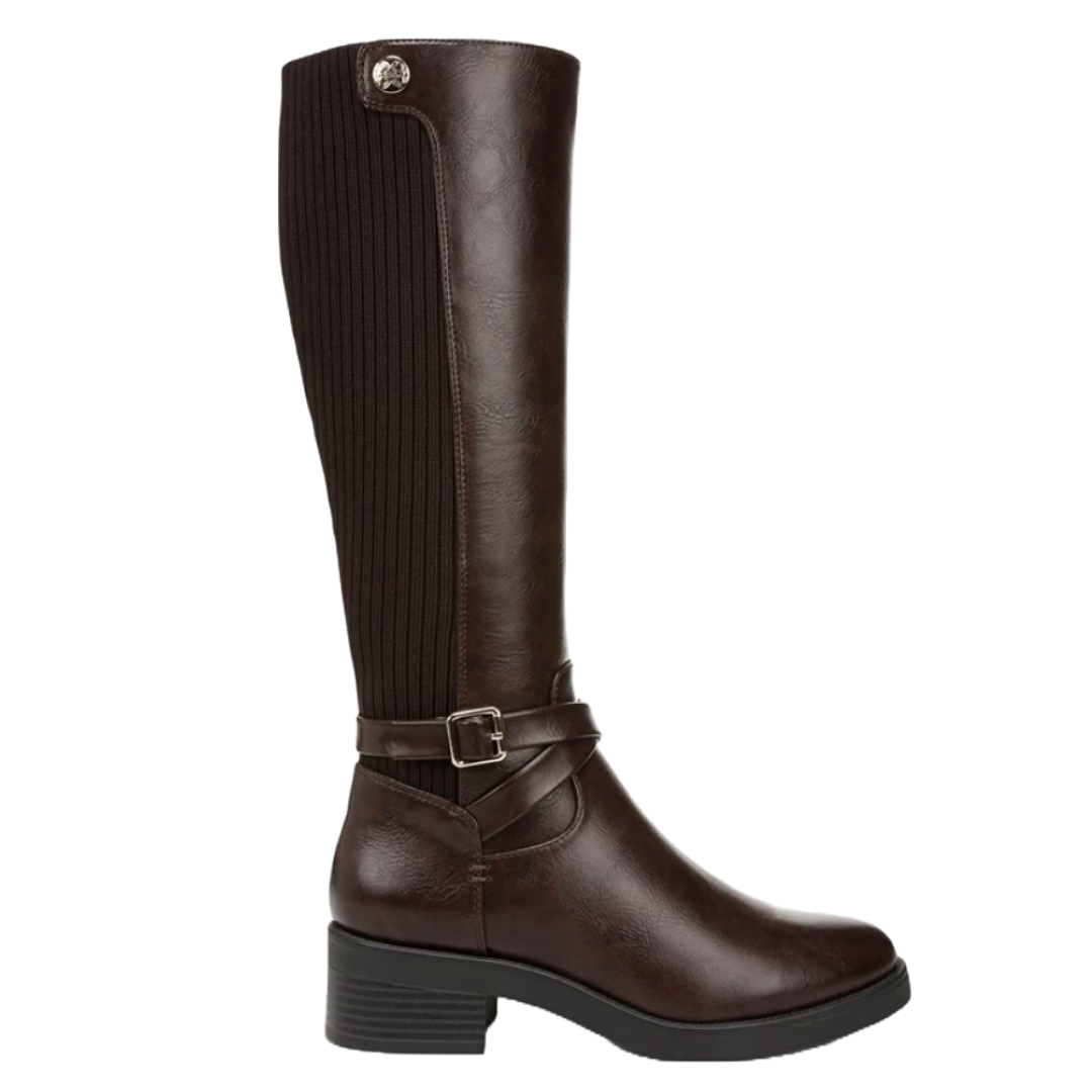 LifeStride Knee High Boots feature a dark brown faux leather design with an elastic back panel, decorative buckle, and low block heel.