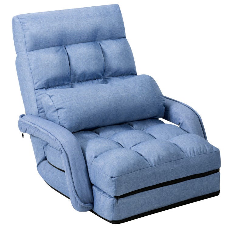 A blue adjustable floor chair with a cushioned backrest and armrests, featuring a thick seat for comfort and a detachable pillow.