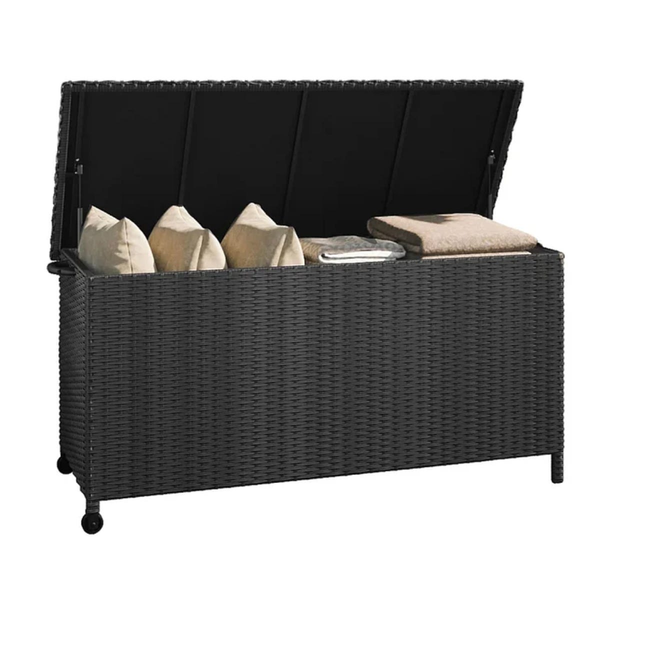 A wicker storage bench with cushions and throw pillows in neutral colors.