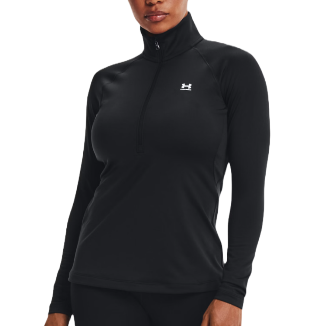 Black long-sleeve, quarter-zip athletic top with a small Under Armour logo on the chest.