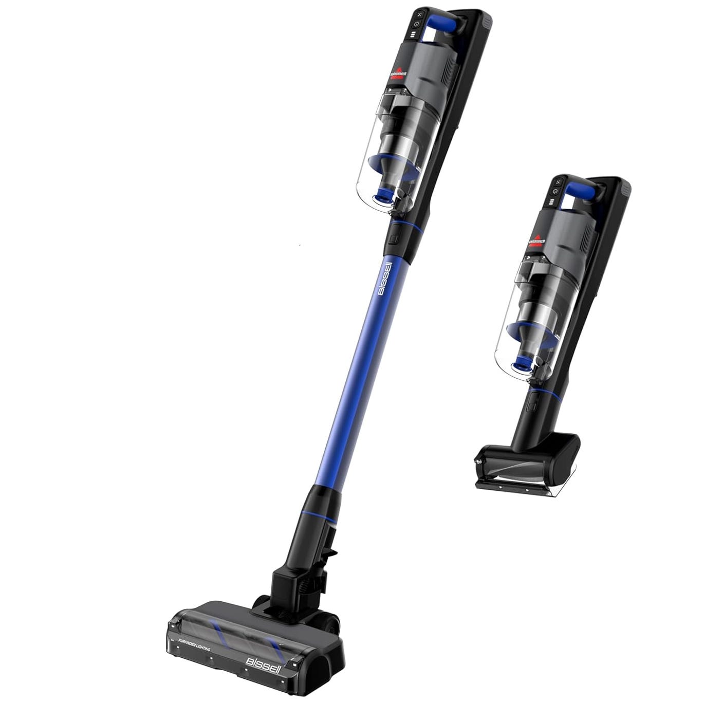 Cordless stick vacuum cleaner with a detachable handheld option, featuring a blue and black design and a clear dust container.