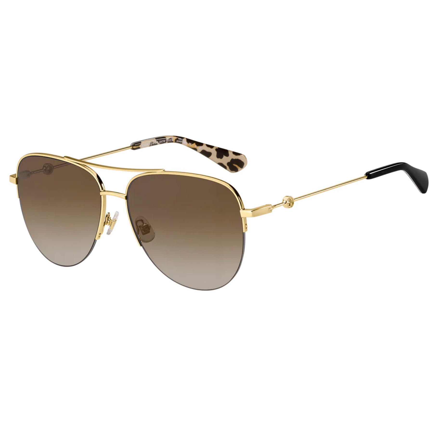 A pair of aviator sunglasses with gold frames, gradient brown lenses, and a leopard print detail on one temple.